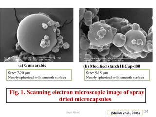 Dept.PSMAC
(b) Modified starch HiCap-100
Size: 7-20 µm
Nearly spherical with smooth surface
Size: 5-15 µm
Nearly spherical with smooth surface
(Shaikh et al., 2006) 24
Fig. 1. Scanning electron microscopic image of spray
dried microcapsules
(a) Gum arabic
 