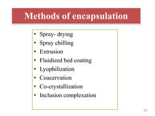 Methods of encapsulation
• Spray- drying
• Spray chilling
• Extrusion
• Fluidized bed coating
• Lyophilization
• Coacervat...