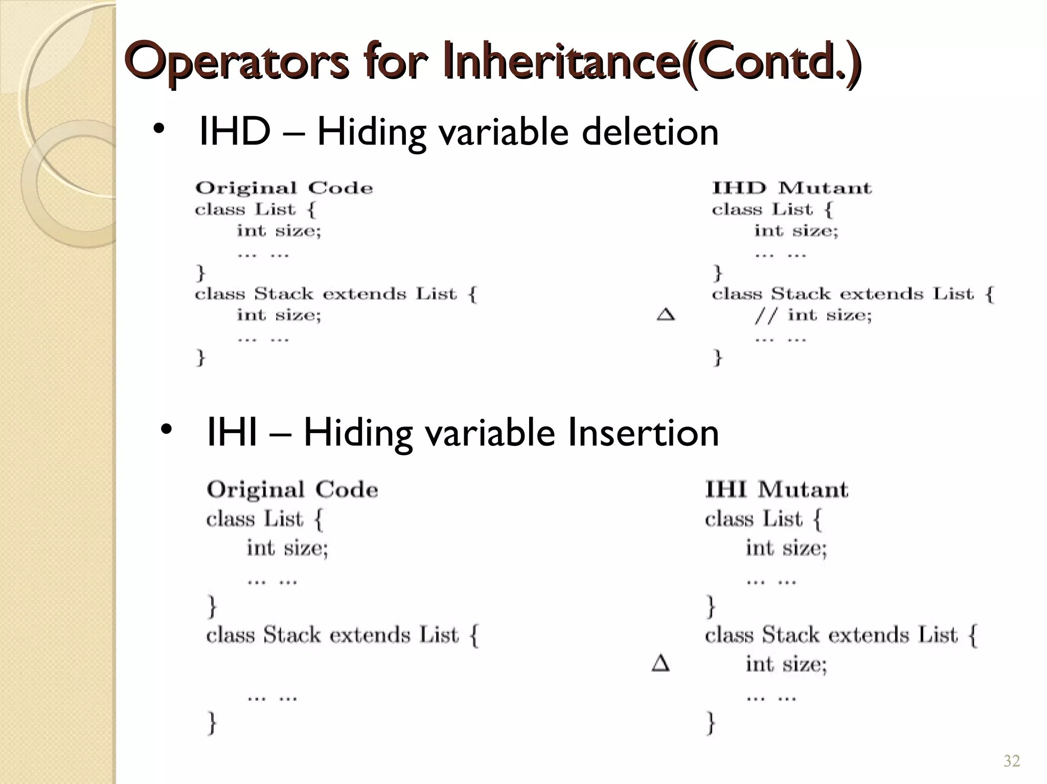 32
Operators for Inheritance(Contd.)Operators for Inheritance(Contd.)
• IHD – Hiding variable deletion
• IHI – Hiding variable Insertion
32
 