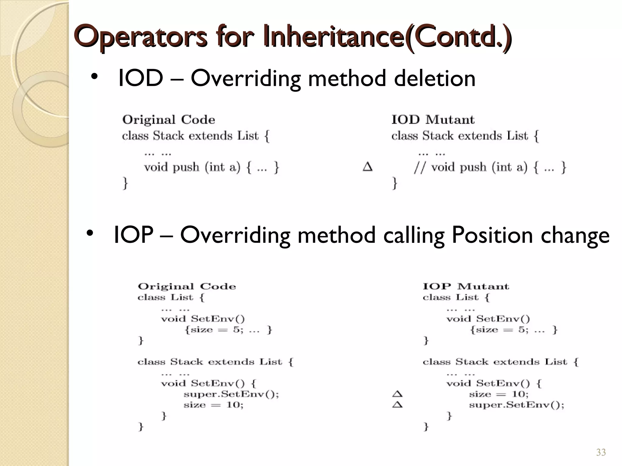 33
Operators for Inheritance(Contd.)Operators for Inheritance(Contd.)
• IOD – Overriding method deletion
• IOP – Overriding method calling Position change
33
 