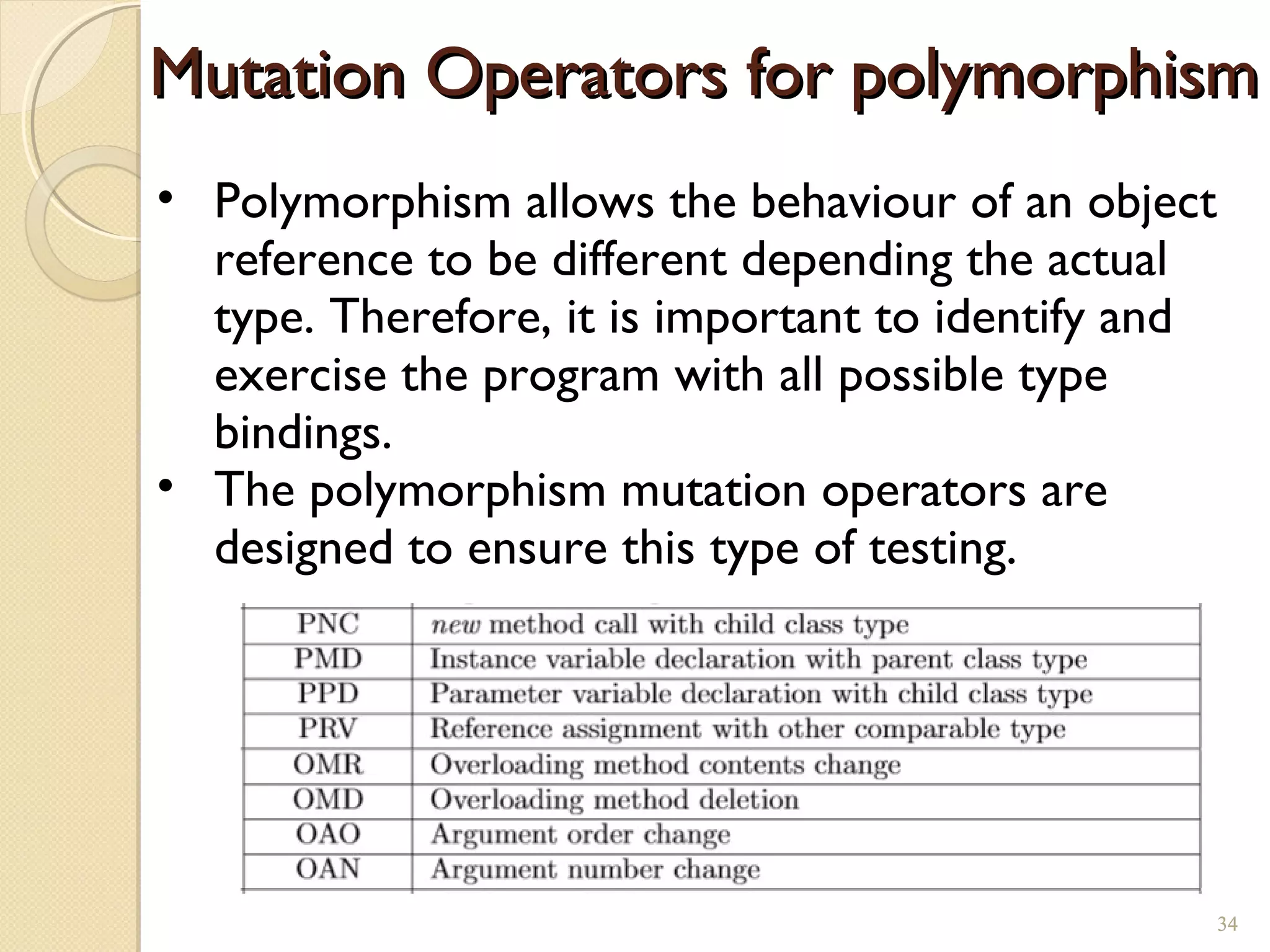 34
Mutation Operators for polymorphismMutation Operators for polymorphism
• Polymorphism allows the behaviour of an object
reference to be different depending the actual
type. Therefore, it is important to identify and
exercise the program with all possible type
bindings.
• The polymorphism mutation operators are
designed to ensure this type of testing.
34
 