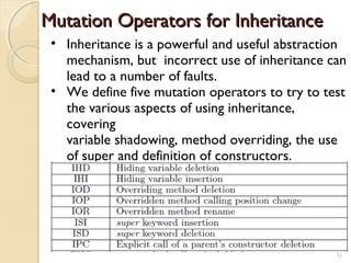 31
Mutation Operators for InheritanceMutation Operators for Inheritance
• Inheritance is a powerful and useful abstraction
mechanism, but incorrect use of inheritance can
lead to a number of faults.
• We define five mutation operators to try to test
the various aspects of using inheritance,
covering
variable shadowing, method overriding, the use
of super and definition of constructors.
31
 