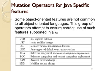 35
Mutation Operators for Java SpecificMutation Operators for Java Specific
featuresfeatures
• Some object-oriented features are not common
to all object-oriented languages. This group of
operators attempt to ensure correct use of such
features supported in Java
35
 