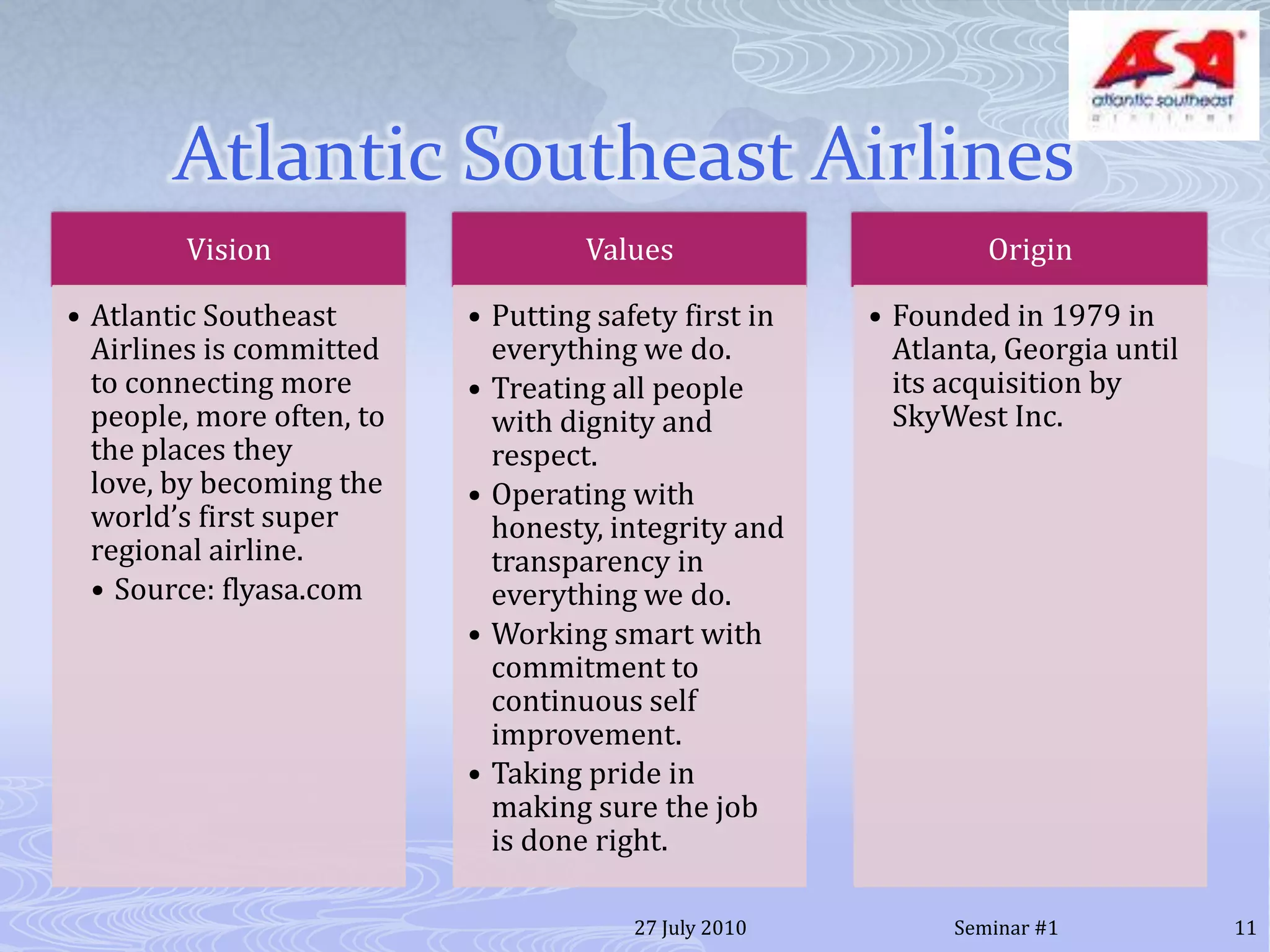 Atlantic Southeast Airlines20 July 201011Seminar #1