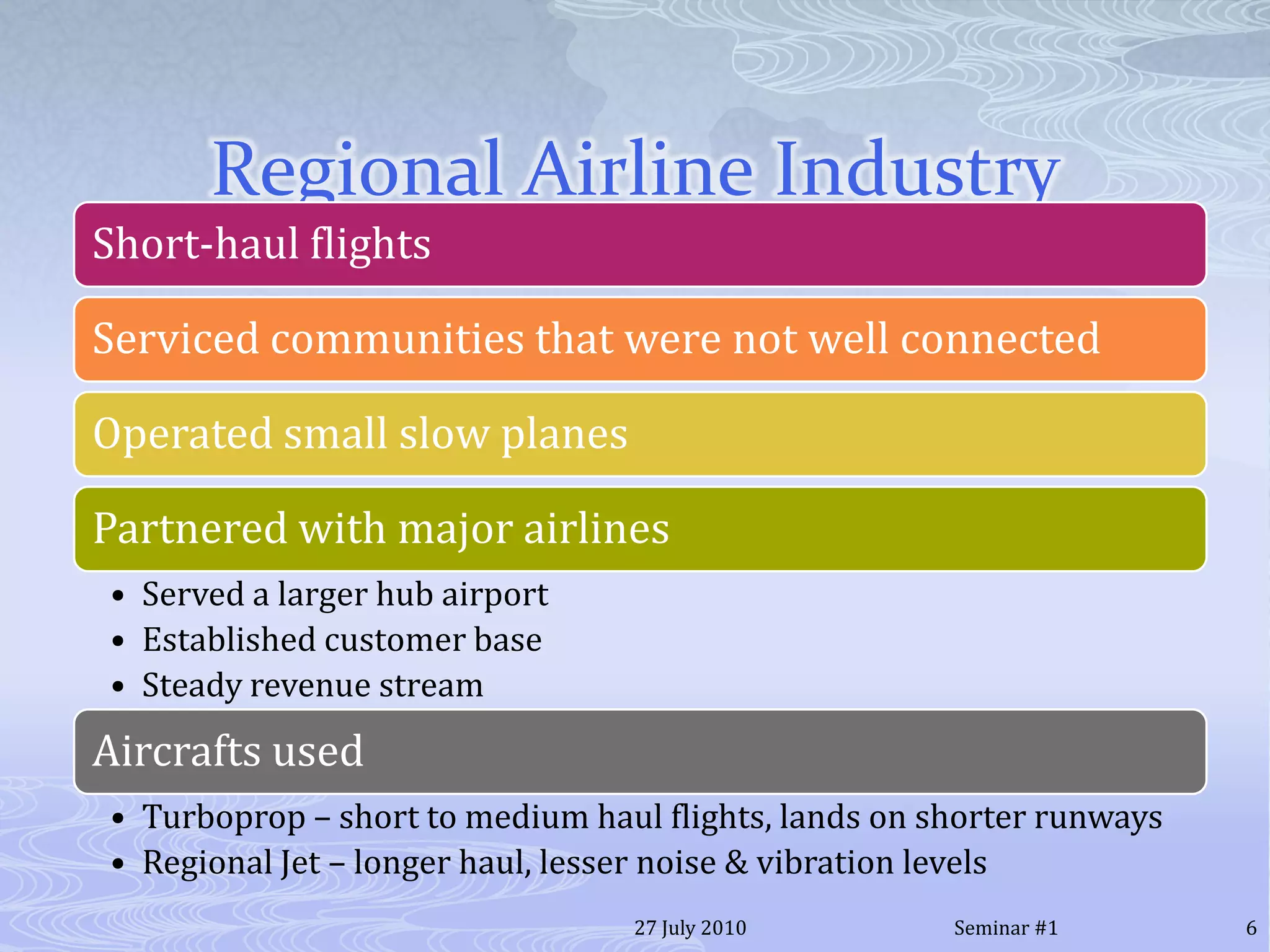 Regional Airline Industry20 July 20106Seminar #1