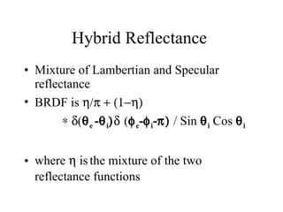 Hybrid Reflectance  Mixture of Lambertian and Specular reflectance BRDF is    (  e  -  i    (  e -  i -   / Sin   i  Cos   i where    is   the mixture of the two reflectance functions 