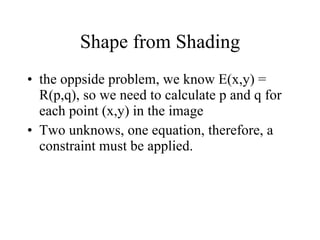 Shape from Shading the oppside problem, we know E(x,y) = R(p,q), so we need to calculate p and q for each point (x,y) in the image Two unknows, one equation, therefore, a constraint must be applied. 