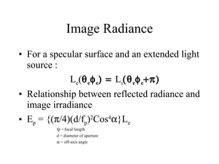 Image Radiance For a specular surface and an extended light source : L e (  e  e  L i  e  e  Relationship between reflected radiance and image irradiance E p  = {(  /4)(d/f p ) 2 Cos 4  }L e fp =   focal length  d = diameter of aperture     = off-axis angle 
