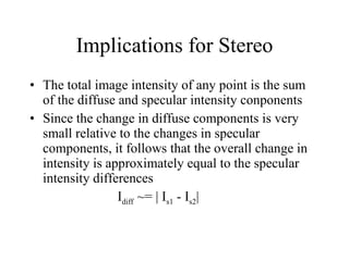 Implications for Stereo The total image intensity of any point is the sum of the diffuse and specular intensity conponents Since the change in diffuse components is very small relative to the changes in specular components, it follows that the overall change in intensity is approximately equal to the specular intensity differences I diff  ~= | I s1  - I s2 | 