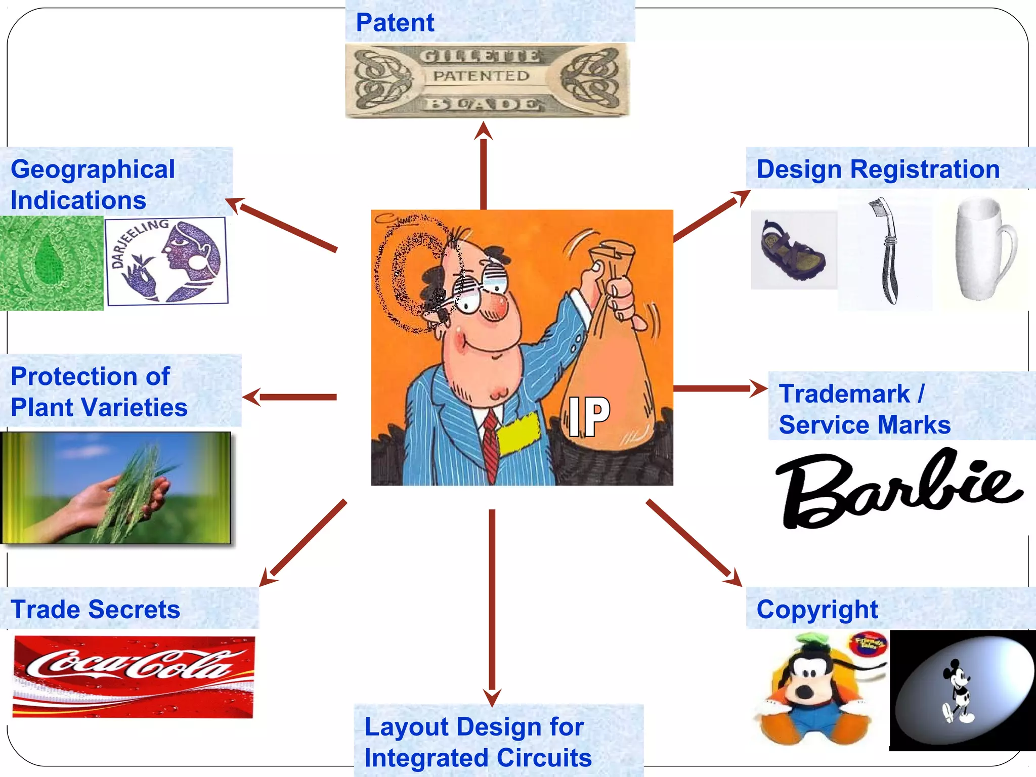 Patent
Design Registration
Trademark /
Service Marks
Copyright
Layout Design for
Integrated Circuits
Trade Secrets
Protection of
Plant Varieties
Geographical
Indications
 