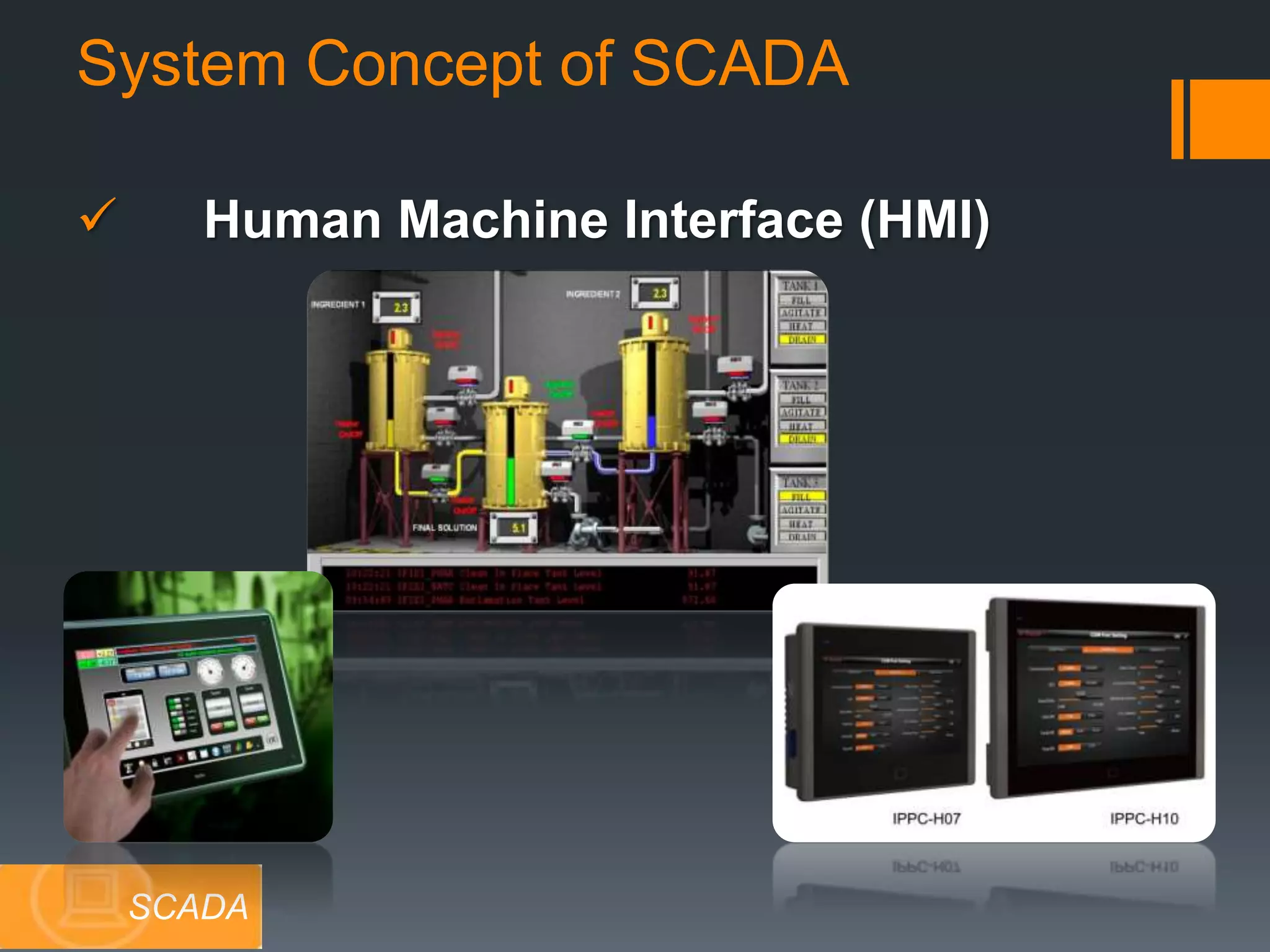  Human Machine Interface (HMI)
System Concept of SCADA
SCADA
 