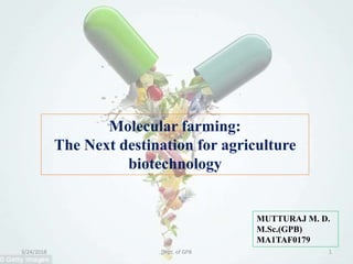 Molecular farming:
The Next destination for agriculture
biotechnology
MUTTURAJ M. D.
M.Sc.(GPB)
MA1TAF0179
3/24/2018 Dept. of GPB 1
 