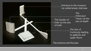 The entrance and the axes
4
Entrance to the museum
via subterranean staircase
The
Holocaust
Tower via the
axis of death
The Garden of
Exile via the axis
of exile
The Axis of
Continuity leading
to galleries and
upper floors
 
