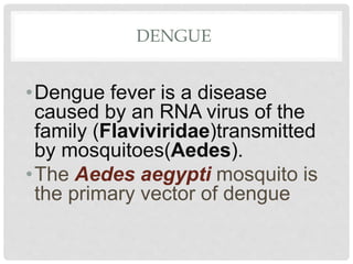 DENGUE
•Dengue fever is a disease
caused by an RNA virus of the
family (Flaviviridae)transmitted
by mosquitoes(Aedes).
•The Aedes aegypti mosquito is
the primary vector of dengue
 