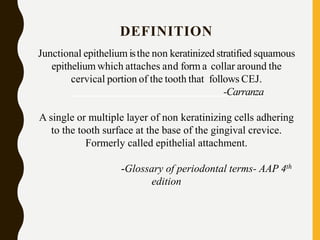 DEFINITION
Junctional epithelium isthe non keratinized stratified squamous
epithelium which attaches and form a collar around the
cervical portion of the tooth that follows CEJ.
-Carranza
A single or multiple layer of non keratinizing cells adhering
to the tooth surface at the base of the gingival crevice.
Formerly called epithelial attachment.
-Glossary of periodontal terms- AAP 4th
edition
 