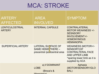 MCA: STROKE
ARTERY
AFFECTED
AREA
INVOLVED
SYMPTOM
LENTICULOSTRIAL
ARTERY
INTERNAL CAPSULE CONTRALATERAL
MOTOR WEAKNESS +/-
SESNSORY
INVOLVEMENT+/-
HOMONYMOUS
HEMIANOPIA
SUPERFICIAL ARTERY LATERAL SURFACE OF
SAME HEMISPHERE –
precentral /postcentral area
WEAKNESS (MOTOR+/-
SENSORY)OF
CONTRALTERAL FACE
AND UPPER LIMB
*sparing lower limb as it is
supplied by ACA
a) if DOMINANT
LOBE
(Broca’s &
Aphasia
(MOTOR/SENSORY/GLO
BAL)
 