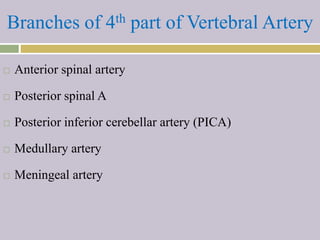 Branches of 4th part of Vertebral Artery
 Anterior spinal artery
 Posterior spinal A
 Posterior inferior cerebellar artery (PICA)
 Medullary artery
 Meningeal artery
 