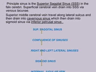 • Principle sinus is the Superior Saggital Sinus (SSS) in the
falx cerebri. Superficial cerebral vein drain into SSS via
venous lacunae.
• Superior middle cerebral vein travel along lateral sulcus and
then drain into cavernous sinus which then drain into
sigmoid sinus via inferior petrusal sinus .
SUP. SAGGITAL SINUS
CONFLUENCE OF SINUSES
RIGHT AND LEFT LATERAL SINUSES
SIGMOID SINUS
 