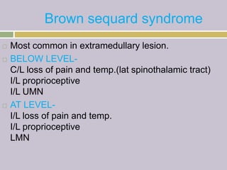 Brown sequard syndrome
 Most common in extramedullary lesion.
 BELOW LEVEL-
C/L loss of pain and temp.(lat spinothalamic tract)
I/L proprioceptive
I/L UMN
 AT LEVEL-
I/L loss of pain and temp.
I/L proprioceptive
LMN
 