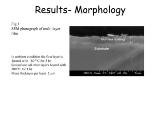 Results- Morphology
Fig 1
SEM photograph of multi layer
film
In ambient condition the first layer is
heated with 180 0 C for 3 hr
Second and all other layers heated with
500 0C for 1 hr
Mean thickness per layer 1 μm
 