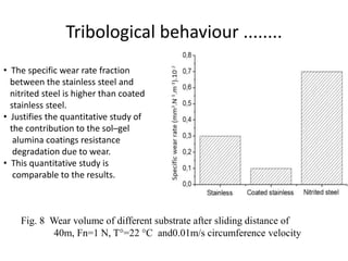 Tribological behaviour ........
Fig. 8 Wear volume of different substrate after sliding distance of
40m, Fn=1 N, T°=22 °C and0.01m/s circumference velocity
• The specific wear rate fraction
between the stainless steel and
nitrited steel is higher than coated
stainless steel.
• Justifies the quantitative study of
the contribution to the sol–gel
alumina coatings resistance
degradation due to wear.
• This quantitative study is
comparable to the results.
 