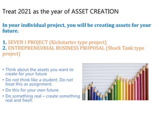 Treat 2021 as the year of ASSET CREATION
In your individual project, you will be creating assets for your
future.
1. SEVEN I PROJECT (Kickstarter type project)
2. ENTREPRENEURIAL BUSINESS PROPOSAL (Shark Tank type
project)
• Think about the assets you want to
create for your future
• Do not think like a student. Do not
treat this as assignment.
• Do this for your own future.
• Do something real – create something
real and fresh.
 