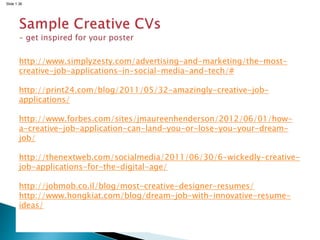 Slide 1.36
http://www.simplyzesty.com/advertising-and-marketing/the-most-
creative-job-applications-in-social-media-and-tech/#
http://print24.com/blog/2011/05/32-amazingly-creative-job-
applications/
http://www.forbes.com/sites/jmaureenhenderson/2012/06/01/how-
a-creative-job-application-can-land-you-or-lose-you-your-dream-
job/
http://thenextweb.com/socialmedia/2011/06/30/6-wickedly-creative-
job-applications-for-the-digital-age/
http://jobmob.co.il/blog/most-creative-designer-resumes/
http://www.hongkiat.com/blog/dream-job-with-innovative-resume-
ideas/
 