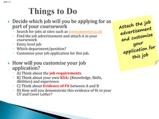 Slide 1.9
 Decide which job will you be applying for as
part of your coursework
◦ Search for jobs at sites such as www.monster.co.uk
◦ Find the job advertisement and attach it in your
coursework
◦ Entry level job
◦ Which department/position?
◦ Customise your job application for this job.
 How will you customise your job
application?
◦ A) Think about the job requirements
◦ B) Think about your own KSAs (Knowledge, Skills,
Abilities) and experience
◦ C) Think about Evidence of Fit between A and B
◦ D) How will you demonstrate this evidence of fit in your
CV and Cover Letter?
 
