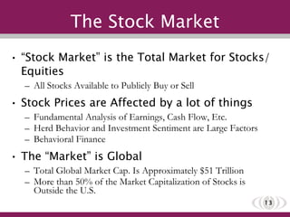 “ Stock Market” is the Total Market for Stocks/Equities All Stocks Available to Publicly Buy or Sell Stock Prices are Affected by a lot of things Fundamental Analysis of Earnings, Cash Flow, Etc.  Herd Behavior and Investment Sentiment are Large Factors Behavioral Finance The “Market” is Global Total Global Market Cap. Is Approximately $51 Trillion More than 50% of the Market Capitalization of Stocks is Outside the U.S. The Stock Market 