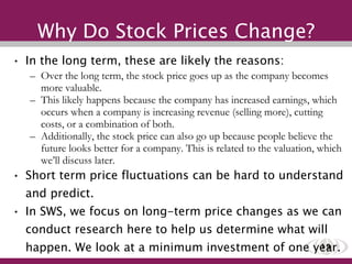 Why Do Stock Prices Change? In the long term, these are likely the reasons: Over the long term, the stock price goes up as the company becomes more valuable. This likely happens because the company has increased earnings, which occurs when a company is increasing revenue (selling more), cutting costs, or a combination of both. Additionally, the stock price can also go up because people believe the future looks better for a company. This is related to the valuation, which we’ll discuss later.  Short term price fluctuations can be hard to understand and predict.  In SWS, we focus on long-term price changes as we can conduct research here to help us determine what will happen. We look at a minimum investment of one year.  