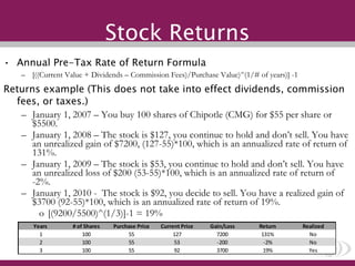 Stock Returns Annual Pre-Tax Rate of Return Formula [((Current Value + Dividends – Commission Fees)/Purchase Value)^(1/# of years)] -1 Returns example (This does not take into effect dividends, commission fees, or taxes.) January 1, 2007 – You buy 100 shares of Chipotle (CMG) for $55 per share or $5500. January 1, 2008 – The stock is $127, you continue to hold and don’t sell. You have an unrealized gain of $7200, (127-55)*100, which is an annualized rate of return of 131%. January 1, 2009 – The stock is $53, you continue to hold and don’t sell. You have an unrealized loss of $200 (53-55)*100, which is an annualized rate of return of -2%. January 1, 2010 -  The stock is $92, you decide to sell. You have a realized gain of $3700 (92-55)*100, which is an annualized rate of return of 19%.  [(9200/5500)^(1/3)]-1 = 19% 