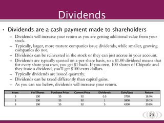 Dividends Dividends are a cash payment made to shareholders Dividends will increase your return as you are getting additional value from your stock. Typically, larger, more mature companies issue dividends, while smaller, growing companies do not. Dividends can be reinvested in the stock or they can just accrue in your account. Dividends are typically quoted on a per share basis, so a $1.00 dividend means that for every share you own, you get $1 back. If you own, 100 shares of Chipotle and they issue a dividend, you’ll get $100 extra dollars.  Typically dividends are issued quarterly.  Dividends can be taxed differently than capital gains.  As you can see below, dividends will increase your return.  