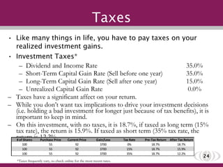 Taxes Like many things in life, you have to pay taxes on your realized investment gains. Investment Taxes* Dividend and Income Rate  35.0% Short-Term Capital Gain Rate (Sell before one year) 35.0% Long-Term Capital Gain Rate (Sell after one year)  15.0% Unrealized Capital Gain Rate  0.0% Taxes have a significant affect on your return.  While you don’t want tax implications to drive your investment decisions (i.e. holding a bad investment for longer just because of tax benefits), it is important to keep in mind. On this investment, with no taxes, it is 18.7%, if taxed as long term (15% tax rate), the return is 15.9%. If taxed as short term (35% tax rate, the return is 12.2%. *Taxes frequently vary, so check online for the most recent rates. 