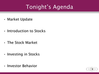 Tonight’s Agenda Market Update Introduction to Stocks The Stock Market Investing in Stocks Investor Behavior Lessons from Successful Investors 