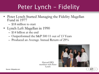 Peter Lynch – Fidelity  Peter Lynch Started Managing the Fidelity Magellan Fund in 1977 $18 million to start  Lynch Left Magellan in 1990 $14 billion at the end Outperformed the S&P 500 11 out of 13 Years Produced an Average Annual Return of 29% Source: Wikipedia.com Harvard SWS members with Peter Lynch 