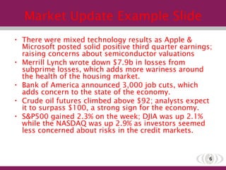 Market Update Example Slide There were mixed technology results as Apple & Microsoft posted solid positive third quarter earnings; raising concerns about semiconductor valuations Merrill Lynch wrote down $7.9b in losses from subprime losses, which adds more wariness around the health of the housing market. Bank of America announced 3,000 job cuts, which adds concern to the state of the economy. Crude oil futures climbed above $92; analysts expect it to surpass $100, a strong sign for the economy. S&P500 gained 2.3% on the week; DJIA was up 2.1% while the NASDAQ was up 2.9% as investors seemed less concerned about risks in the credit markets. 