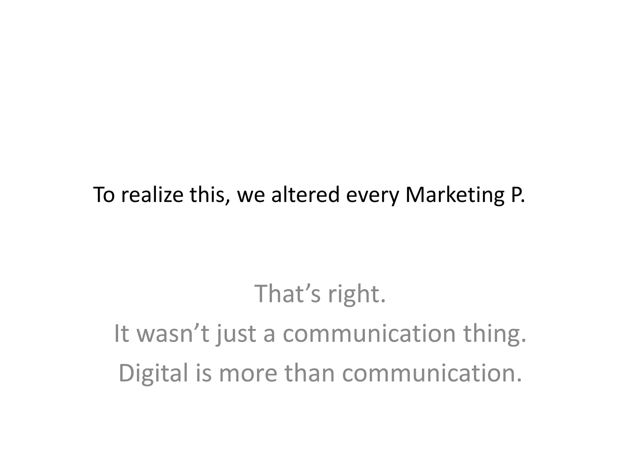 To realize this, we altered every Marketing P.
That’s right.
It wasn’t just a communication thing.
Digital is more than communication.
 