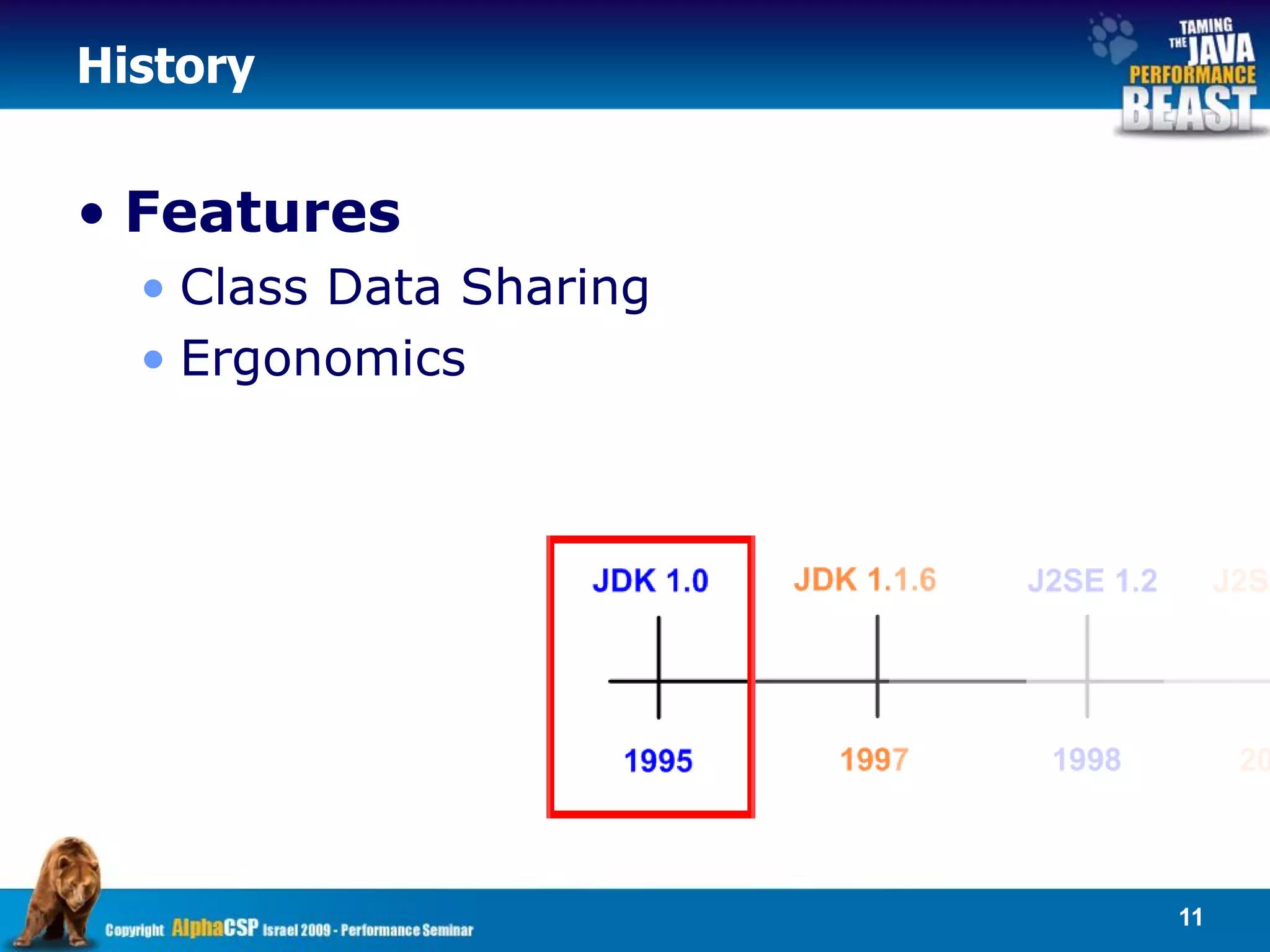History


• Features
  • Class Data Sharing
  • Ergonomics




                         11
 