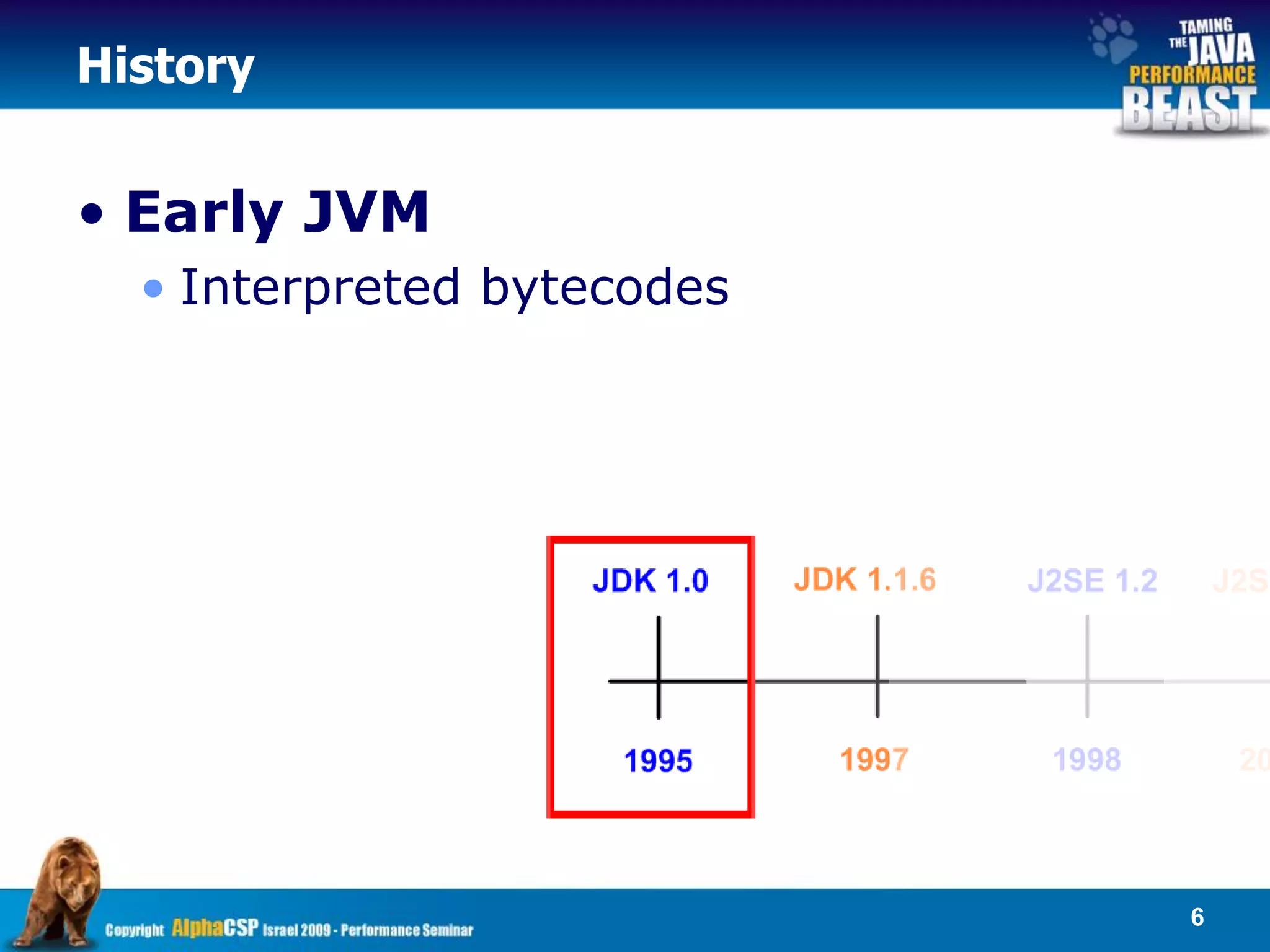 History


• Early JVM
  • Interpreted bytecodes




                            6
 