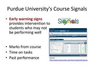 Purdue University's Course Signals
• Early warning signs
  provides intervention to
  students who may not
  be performing well


• Marks from course
• Time on tasks
• Past performance       Source:
                         http://www.itap.purdue.edu/learning/tools/signals
 