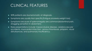 CLINICAL FEATURES
 30% patients are Asymptomatic at diagnosis.
 Symptoms are usually Non specific(Fatigue,anorexia,weight loss)
 Symptoms because of splenomegaly are common(abdominal pain,
dragging sensation in abdomen)
 Rare presentations include Vasoocclusive disease, cerebrovascular
accidents, myocardial infarction, venous thrombosis, priapism, visual
disturbances, and pulmonary insufficiency.
 