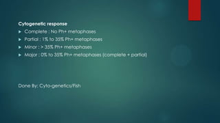 Cytogenetic response
 Complete : No Ph+ metaphases
 Partial : 1% to 35% Ph+ metaphases
 Minor : > 35% Ph+ metaphases
 Major : 0% to 35% Ph+ metaphases (complete + partial)
Done By: Cyto-genetics/Fish
 