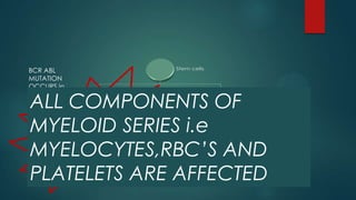 Erythrocytes
BCR ABL
MUTATION
OCCURS in
MYELOID
STEM CELLS
ALL COMPONENTS OF
MYELOID SERIES i.e
MYELOCYTES,RBC’S AND
PLATELETS ARE AFFECTED
 