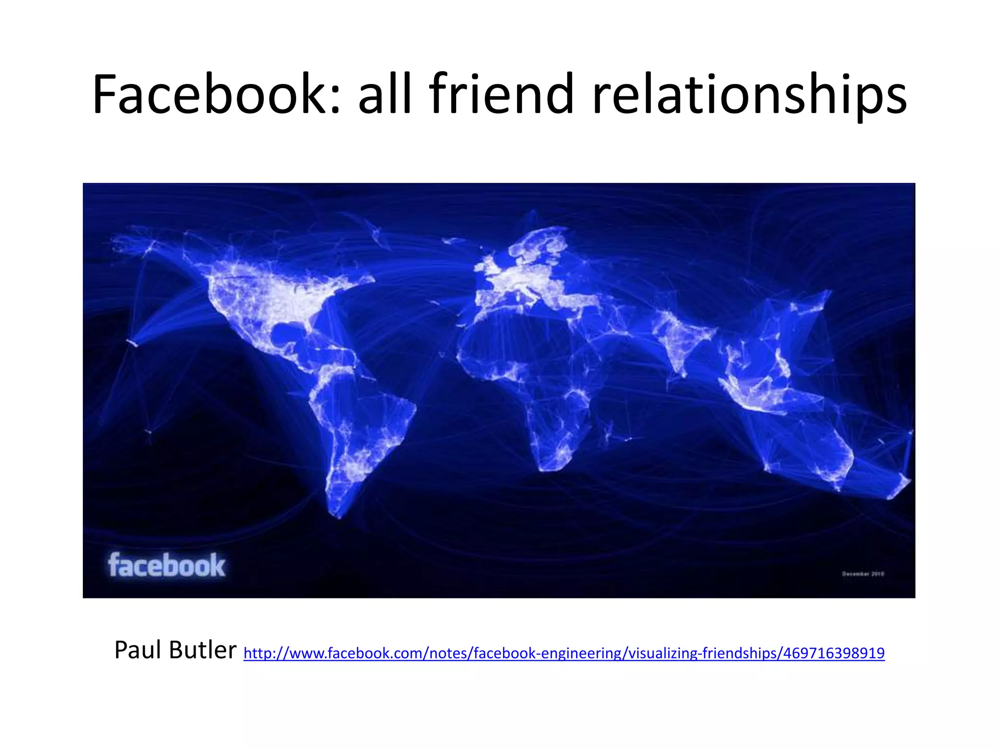 Facebook: all friend relationships
Paul Butler http://www.facebook.com/notes/facebook-engineering/visualizing-friendships/469716398919
 