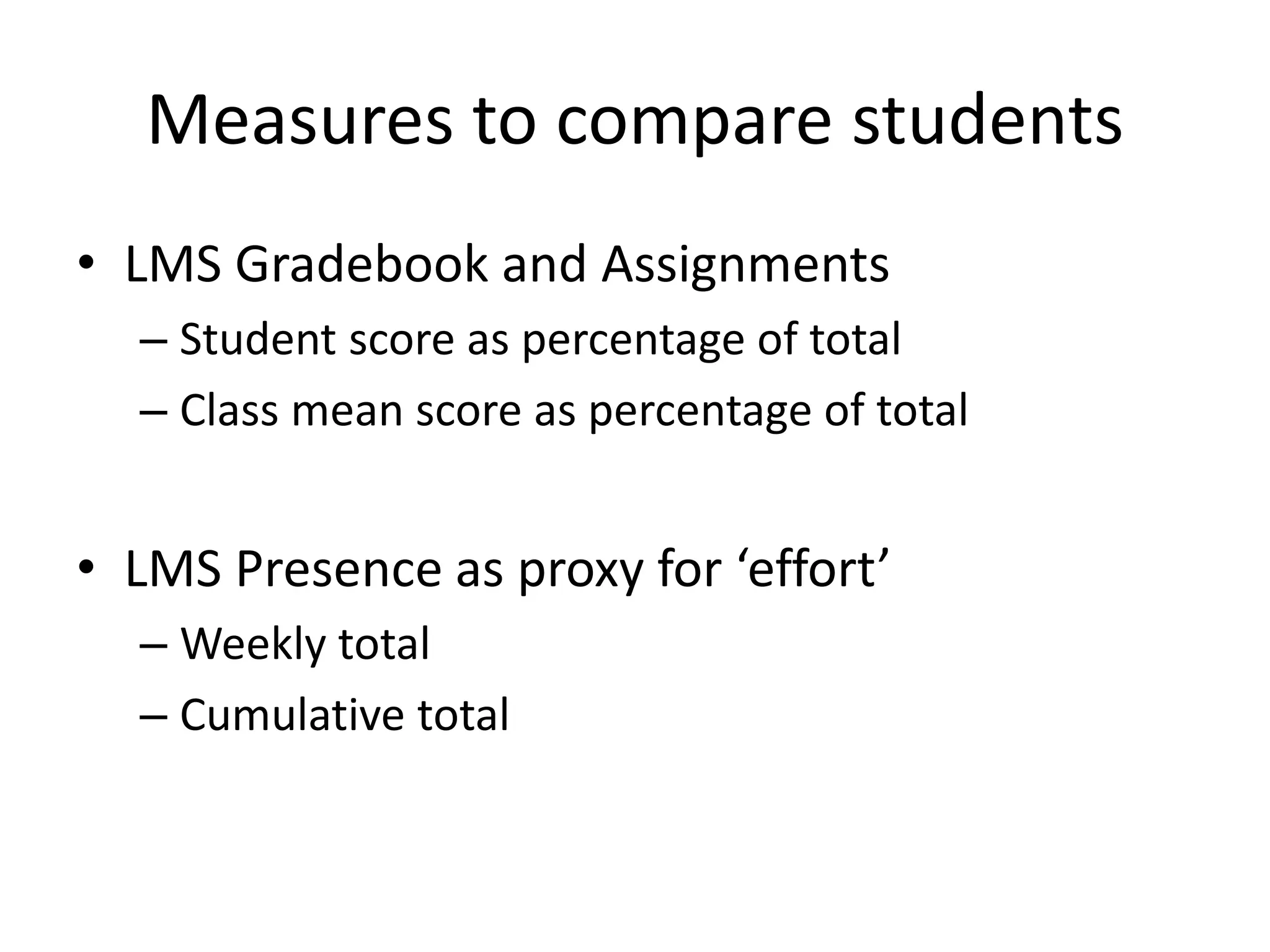 Measures to compare students
• LMS Gradebook and Assignments
– Student score as percentage of total
– Class mean score as percentage of total
• LMS Presence as proxy for ‘effort’
– Weekly total
– Cumulative total
 