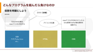 2015 Yusuke Hirao, CC BY-ND.
どんなプログラムを組んだら負けなのか
役割を明確にしよう
===
CGI
PHP/Ruby/Java
etc...
HTML CSS
newクラスが付加されていたら
time要素のafter擬似要素を
装飾する
7日以内の記事は
newクラスを付加する
日付の【状態】
アイコンの位置
 