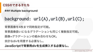 2015 Yusuke Hirao, CC BY-ND.
CSSのできる子たち
### Multiple background
background: url(A),url(B),url(C);
背景画像を4枚まで同時指定が可能。
背景画像扱いになるグラデーションも同じく複数指定可能。
画像+グラデーションの組み合わせもOK。
余計なdivを用意する必要なし。
JavaScriptで背景用divを生成挿入する必要なし。
 