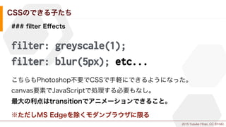 2015 Yusuke Hirao, CC BY-ND.
CSSのできる子たち
### ﬁlter Eﬀects
filter: greyscale(1);
filter: blur(5px); etc...
こちらもPhotoshop不要でC...