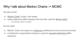 Why I talk about Markov Chains -> MCMC
the idea is that:
● Markov Chain “jumps” over states
● states determine (BN) samples (that are later used for Monte Carlo)
○ for example: state ⇔ sample
but we need:
● Markov Chain converges to a stationary distribution (to be proved every time)
● a distribution of generated samples is equal to required distribution (BNs
posterior)
 