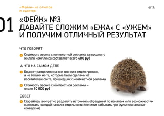 4/14«Фейки» из отчетов
и аудитов
ЧТО ГОВОРЯТ
Стоимость звонка с контекстной рекламы загородного
жилого комплекса составляет всего 400 руб
«ФЕЙК» №3
ДАВАЙТЕ СЛОЖИМ «ЕЖА» С «УЖЕМ»
И ПОЛУЧИМ ОТЛИЧНЫЙ РЕЗУЛЬТАТ
А ЧТО НА САМОМ ДЕЛЕ
Бюджет разделили на все звонки в отдел продаж,
а не только на те, которые были сделаны от
посетителей сайта, пришедших с контекстной рекламы
СОВЕТ
Старайтесь аккуратно разделять источники обращений по каналам и по возможностям
оценивать каждый канал в отдельности (не стоит забывать про мультиканальные
конверсии)
Стоимость звонка с контекстной рекламы –
около 10 000 руб
 